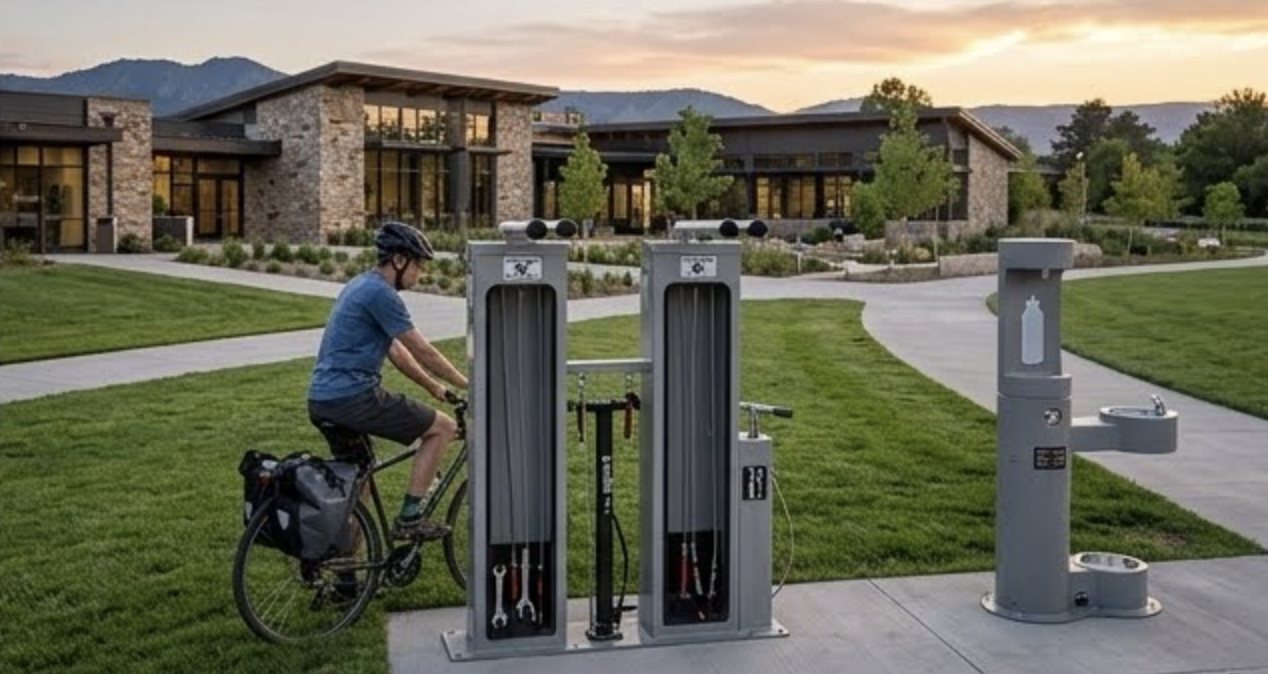 Concept rendering: a cyclist at a bike repair station beside a bottle-filling water fountain
