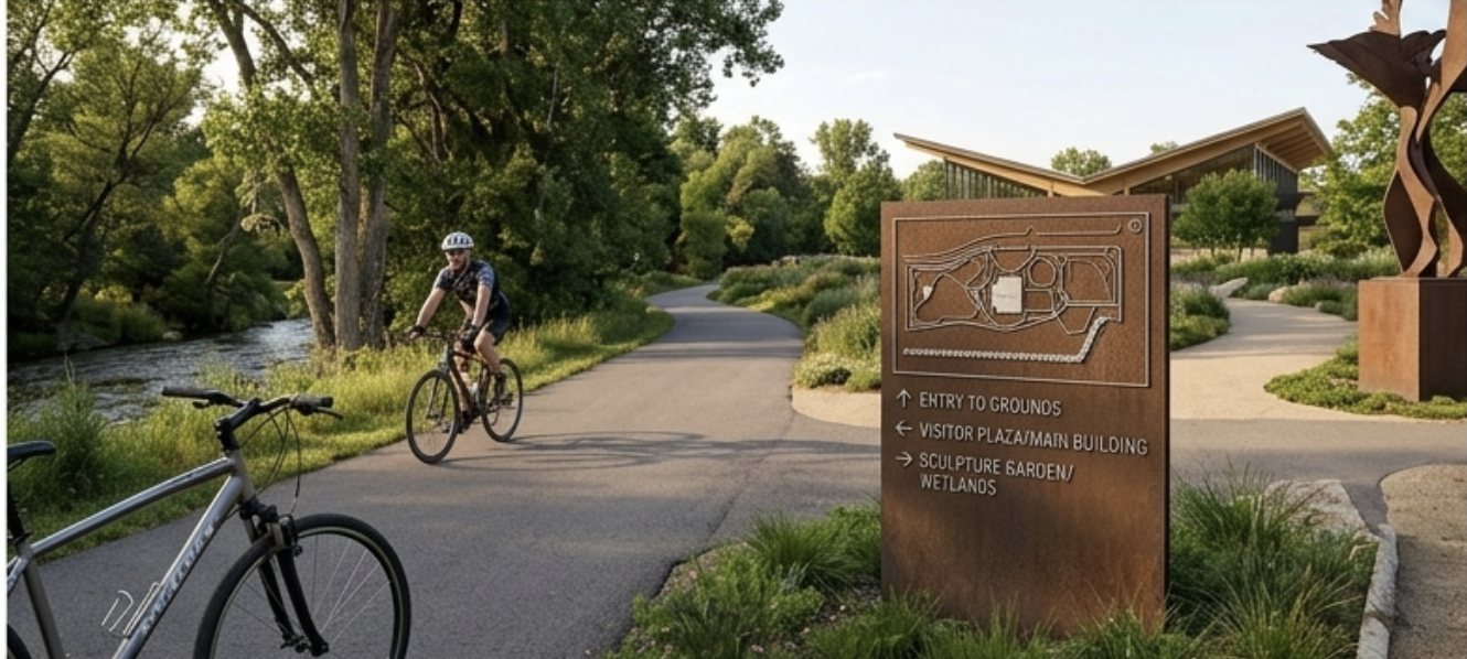 Concept rendering: a cyclist on the Boulder Creek Path beside the creek, with a wayfinding sign at the garden entry