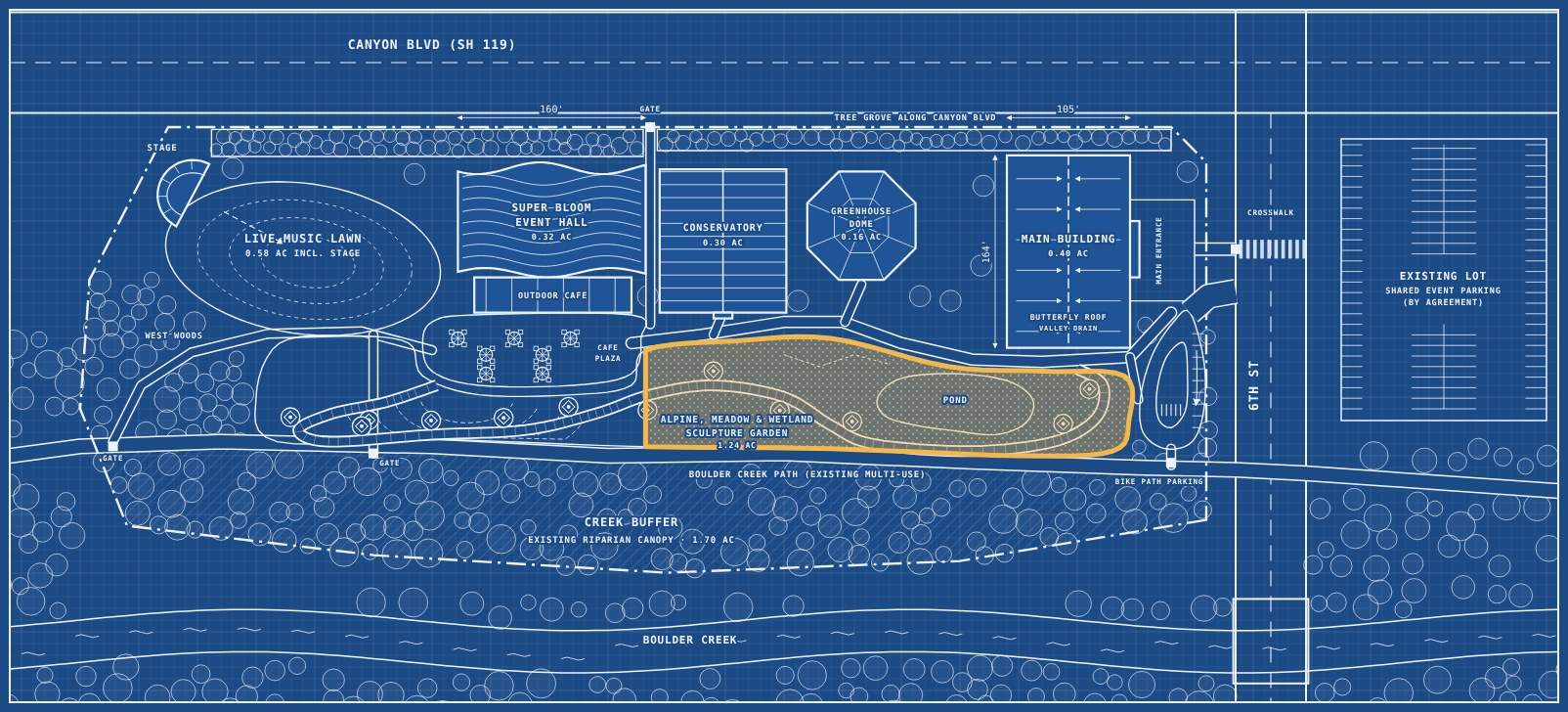 Blueprint site plan with this area highlighted in gold