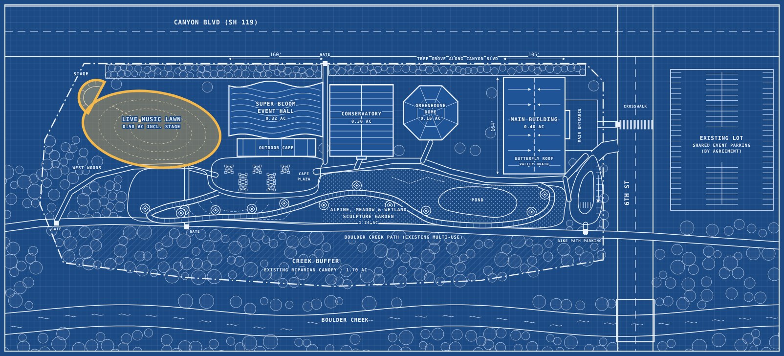 Blueprint site plan with this area highlighted in gold