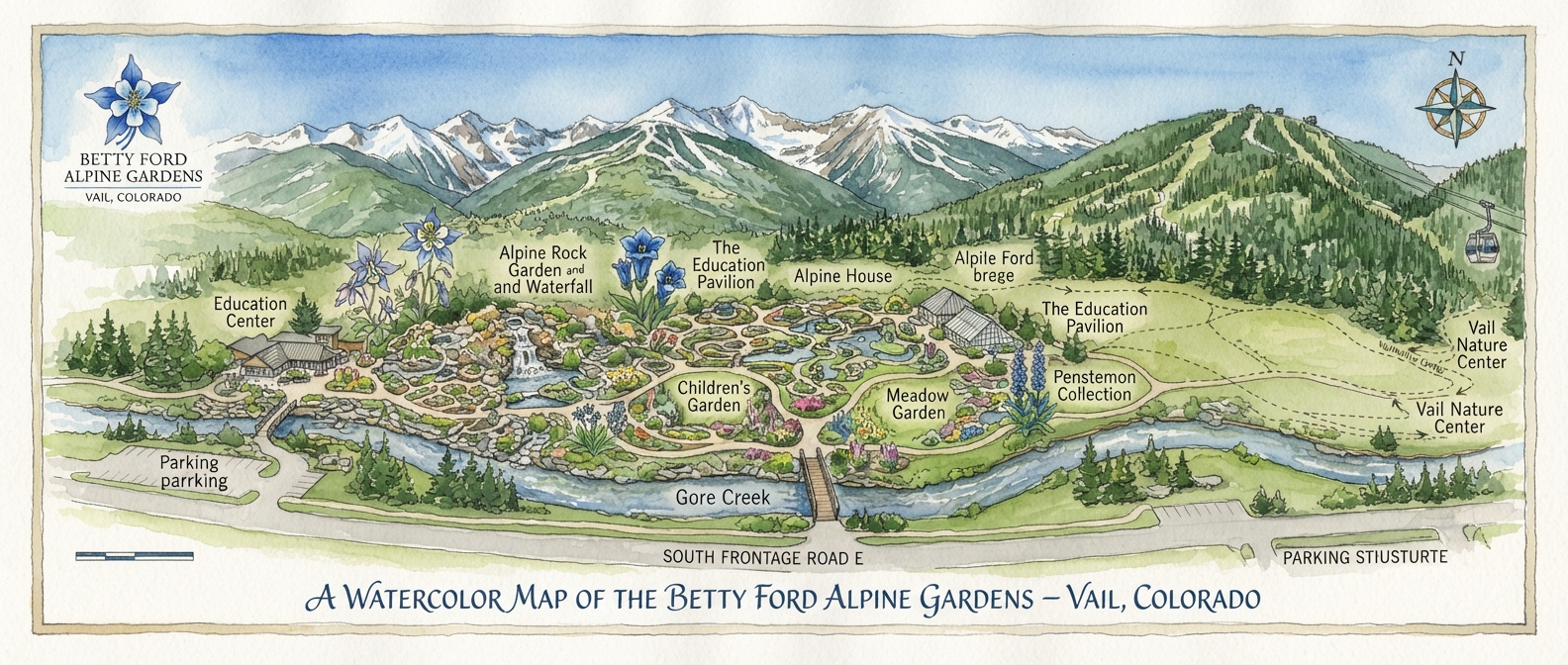 Illustrated map of Betty Ford Alpine Gardens beside Gore Creek in Vail
