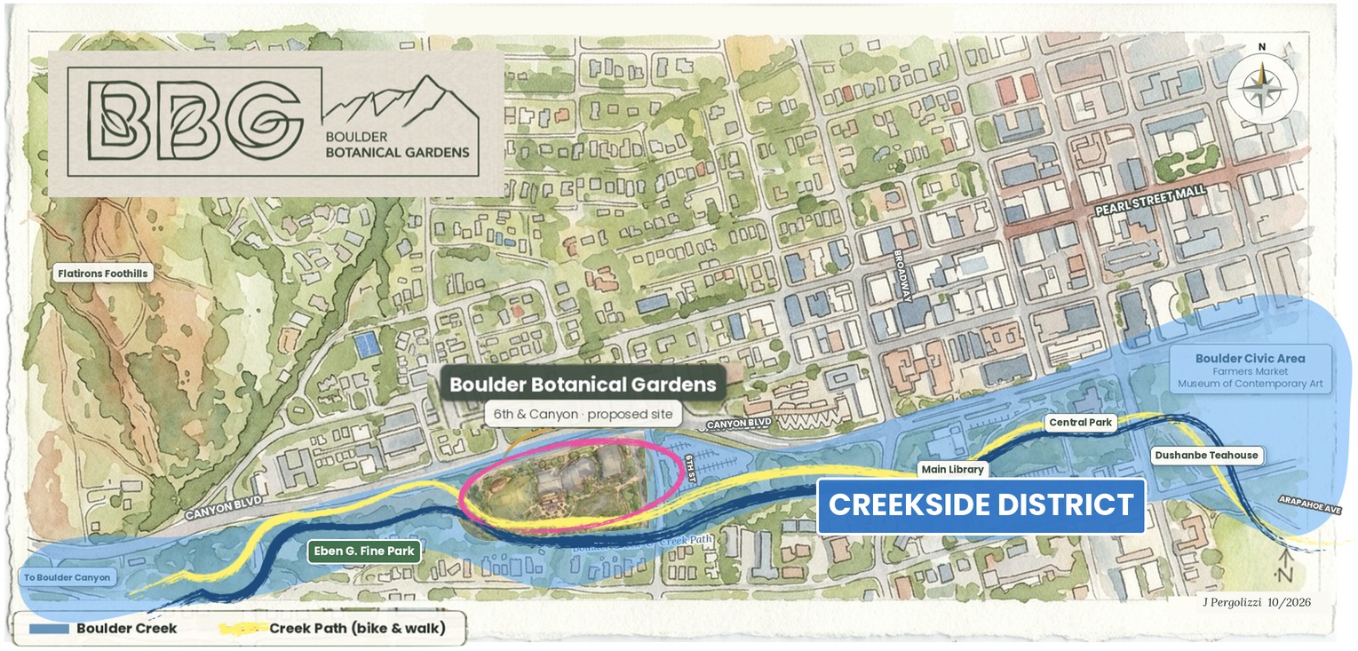 Map of the Creekside District shaded blue along Boulder Creek and the Creek Path