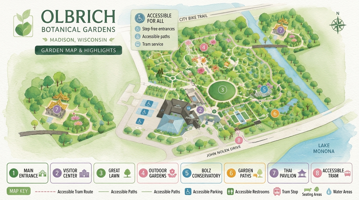 Illustrated map of Olbrich Botanical Gardens on Lake Monona in Madison