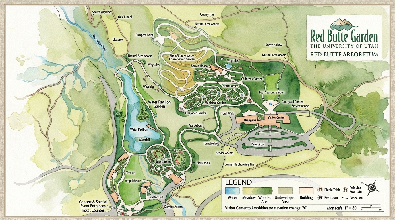 Illustrated map of Red Butte Garden at the mouth of Red Butte Canyon in Salt Lake City
