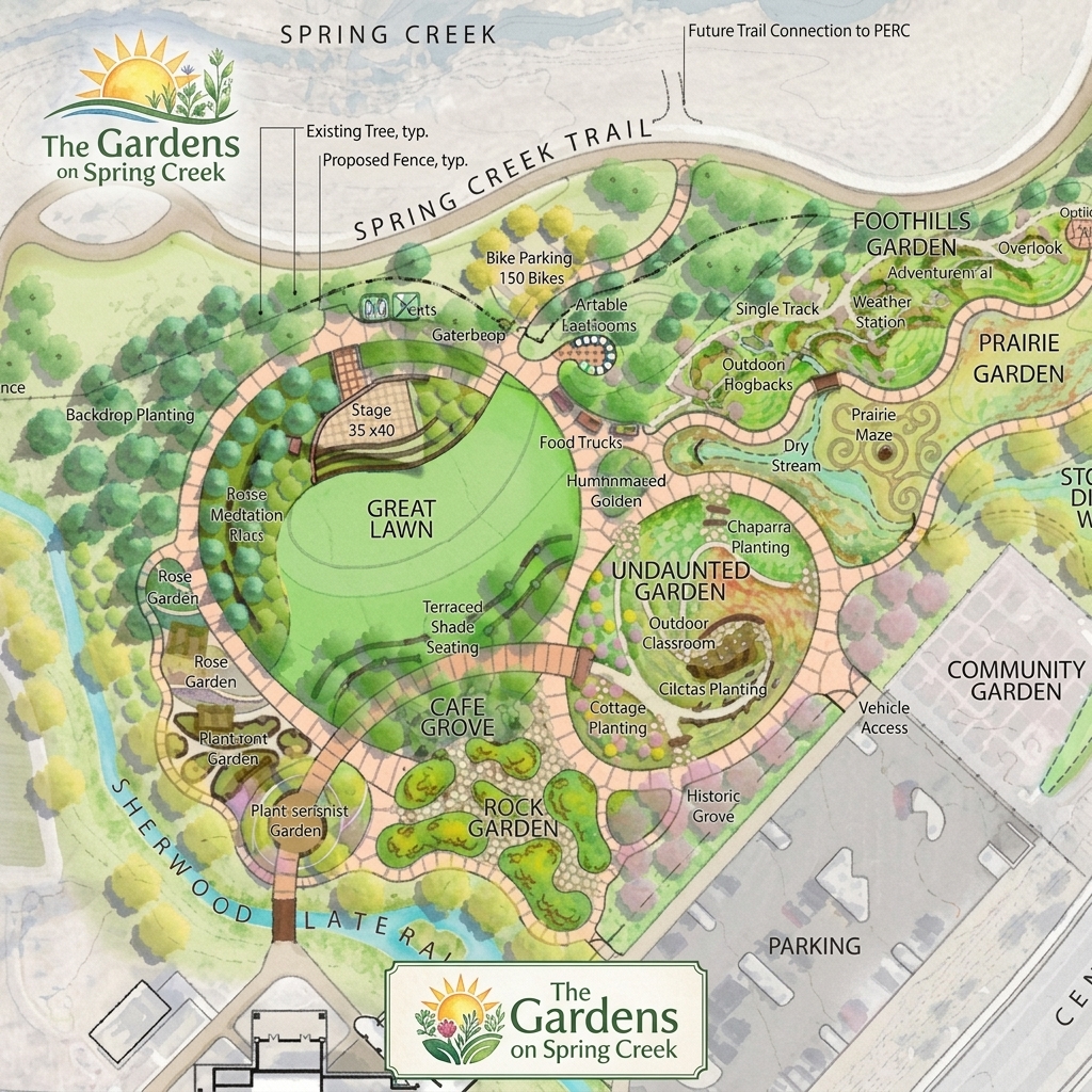Illustrated map of The Gardens on Spring Creek and the Spring Creek Trail in Fort Collins