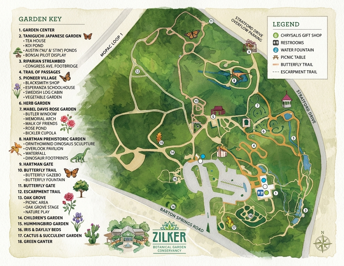 Illustrated map of Zilker Botanical Garden in Austin