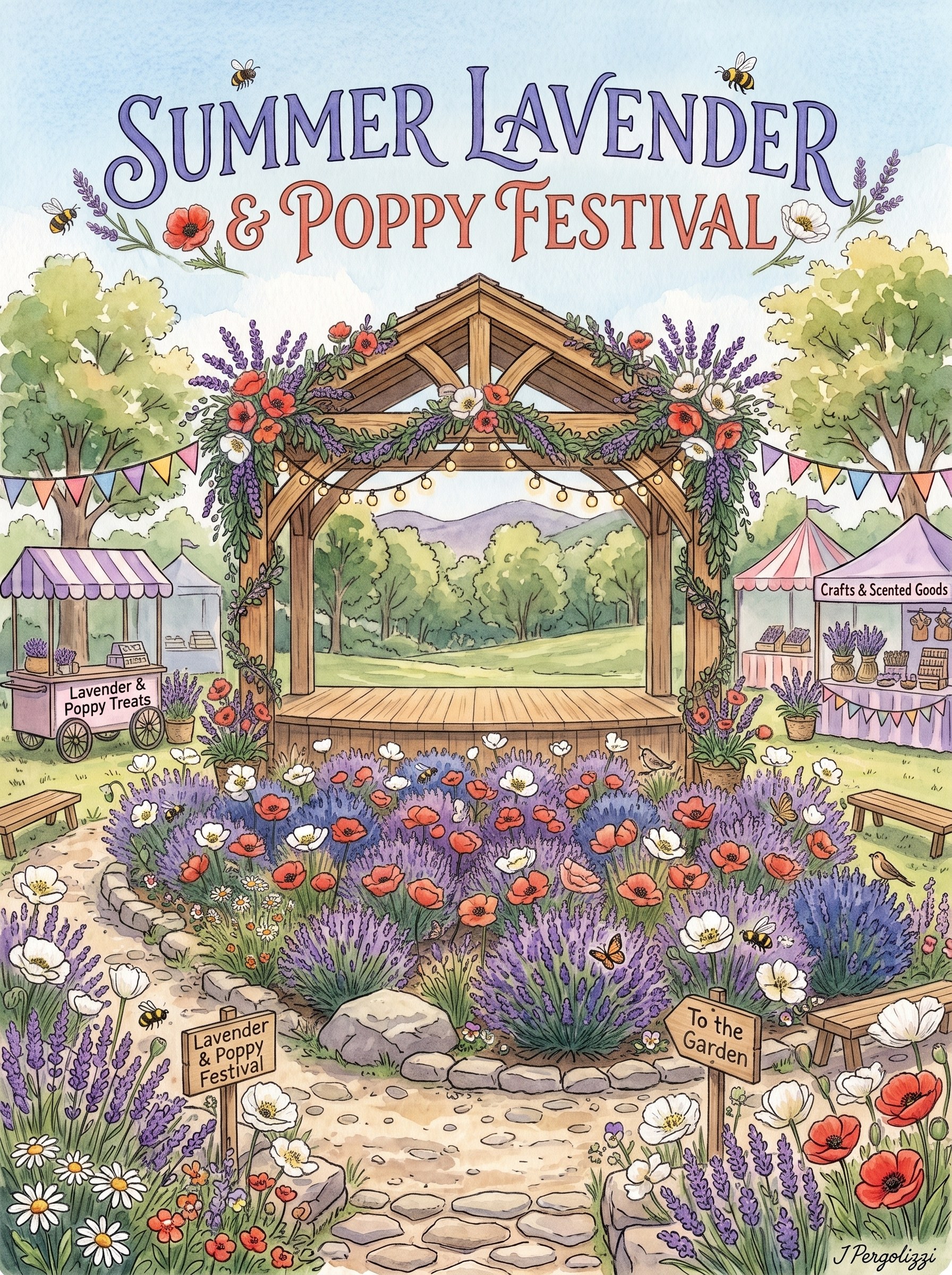 Poster: Summer Lavender & Poppy Festival, a timber stage hung with lavender and red and white poppies above beds of blooming lavender and poppies, with a Lavender & Poppy Treats cart and a crafts and scented goods tent