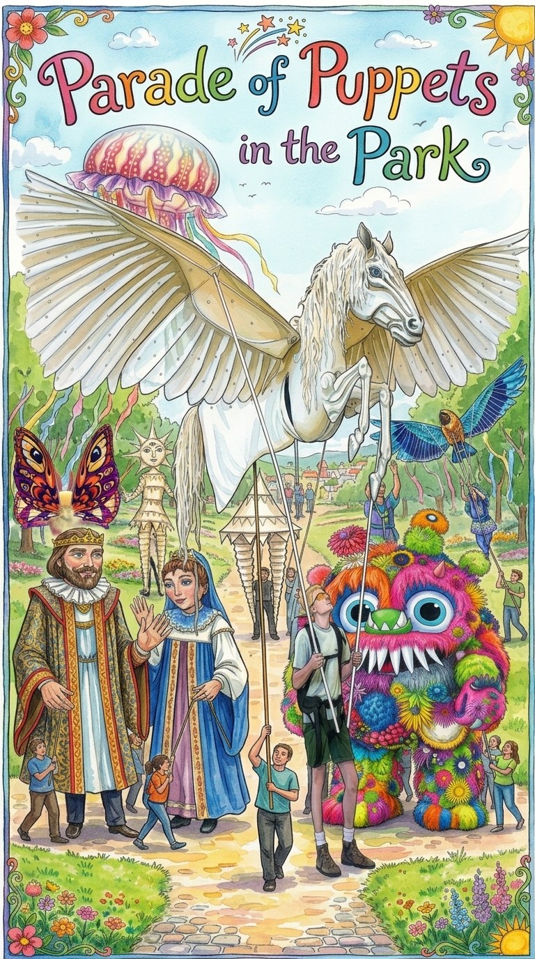 Poster: Parade of Puppets in the Park, with giant puppets including a winged white horse, a jellyfish, a butterfly, a king and queen and a colorful flower monster carried on poles down a garden path