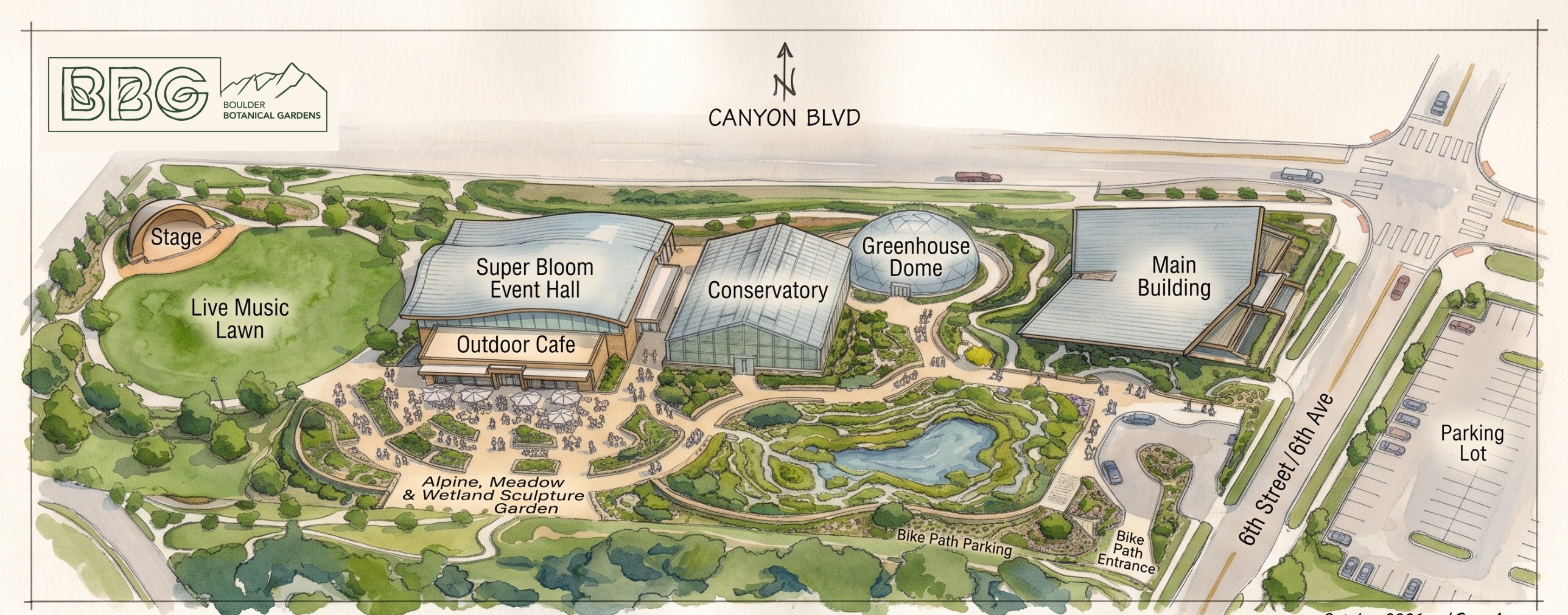 Illustrated site plan of Boulder Botanical Gardens between Canyon Blvd and Boulder Creek, with the stage and Live Music Lawn, Super Bloom Event Hall, Outdoor Cafe, Conservatory, Greenhouse Dome, Main Building, sculpture garden, pond and bike path entrance