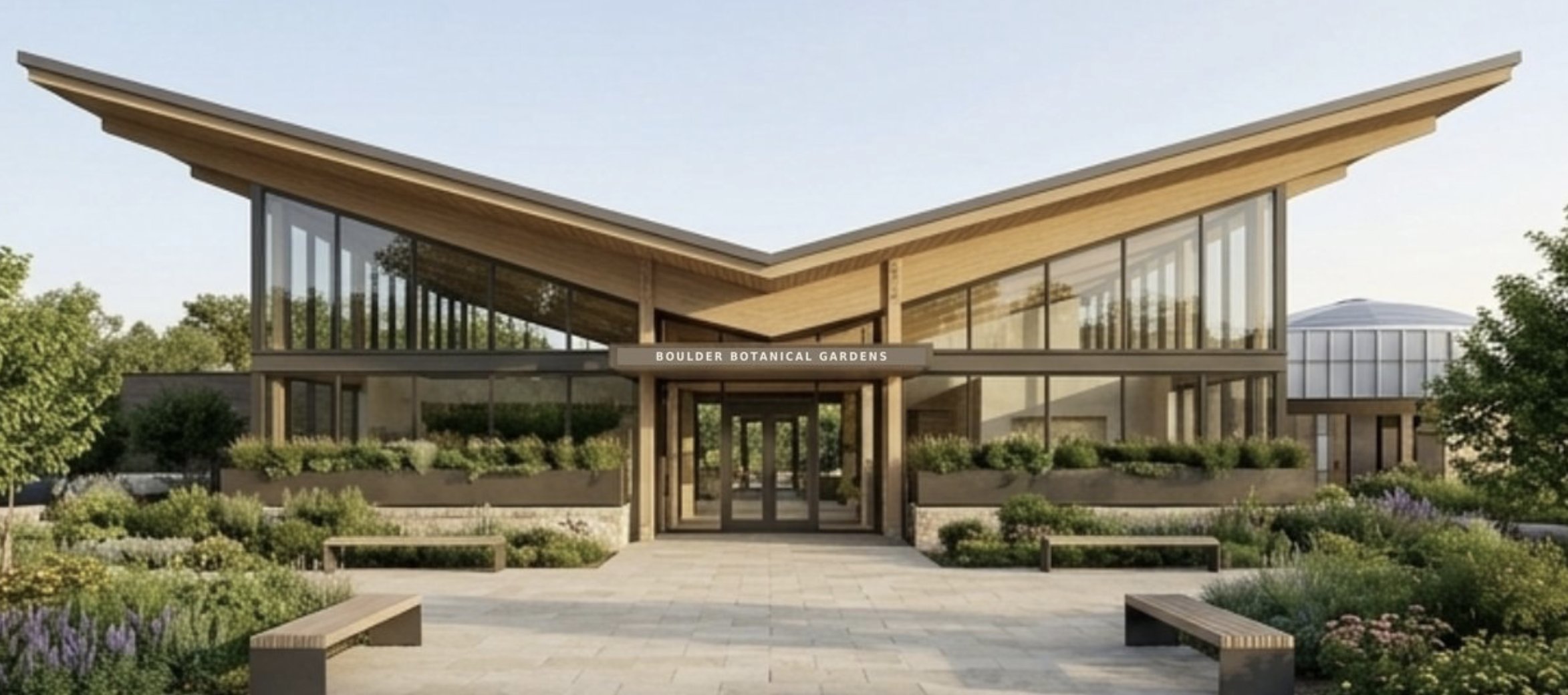 Concept rendering: the visitor center with its butterfly roof, glass walls and planted entry plaza