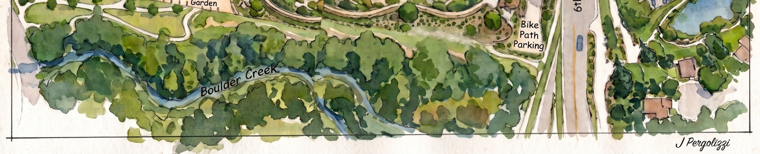 Watercolor detail: the Creek Path and the cottonwood canopy along Boulder Creek, south of the gardens