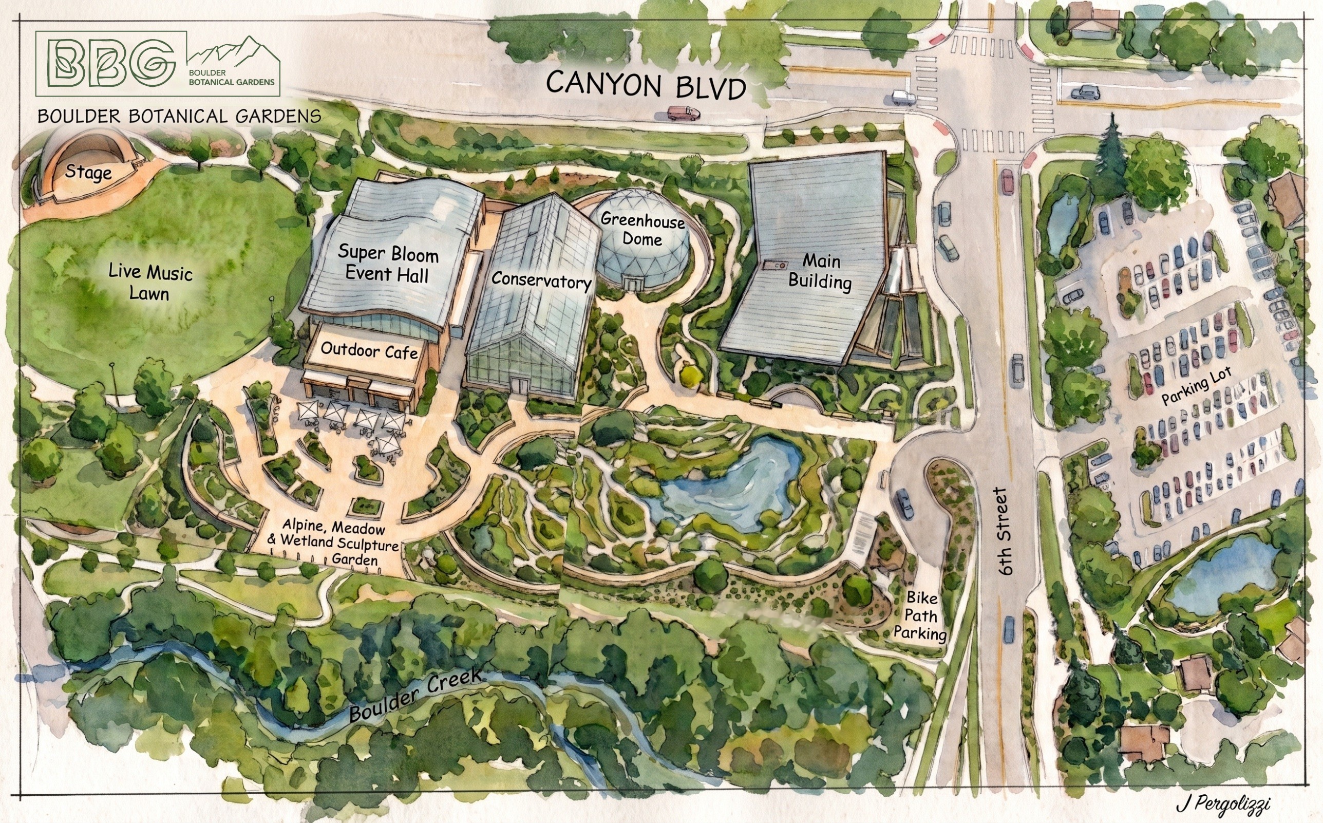 Watercolor site plan of Boulder Botanical Gardens